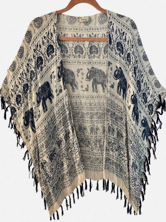 Janice Sweaters - Women’s Bohemian Elephant Print Fringe Kimono Shrug Wrap by Janice, one size fit